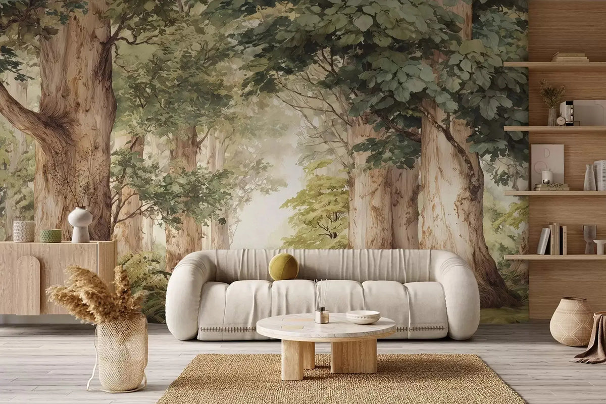 Papier peint panoramique forêt dans un salon – Maison Soubise