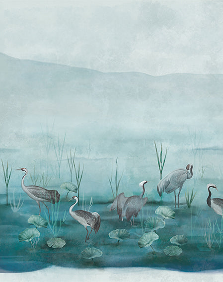 Papier peint panoramique Brume Céladon | Ohara Koson Maison Soubise