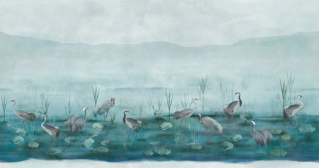 Papier peint panoramique Brume Céladon | Ohara Koson Maison Soubise