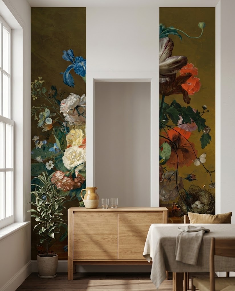 Panneau décoratif Urne Fleurie posé dans une salle à manger, d'après Jan van Huysum