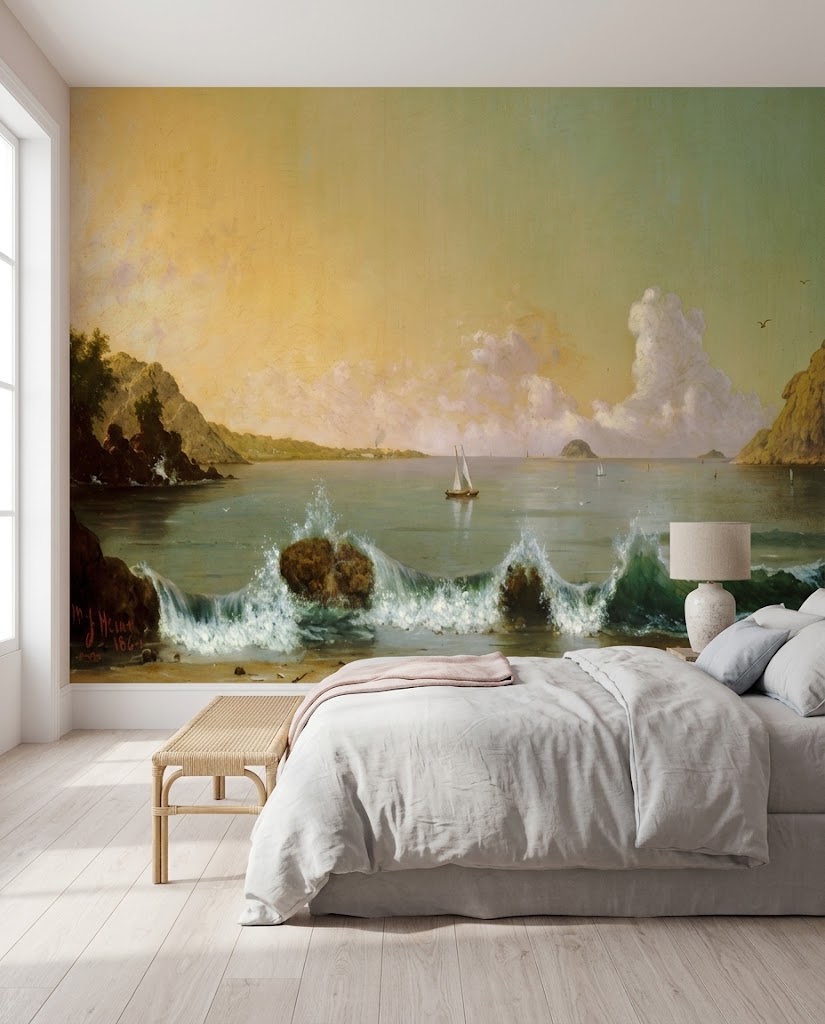 Papier peint panoramique Baie de Rio posé dans une chambre, d'après Rio de Janeiro Bay de Martin Johnson Heade