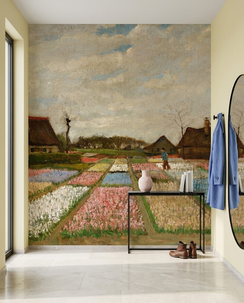 Papier peint panoramique Champs de Tulipes posé dans une entrée, d'après Flower Beds in Holland de Vincent van Gogh