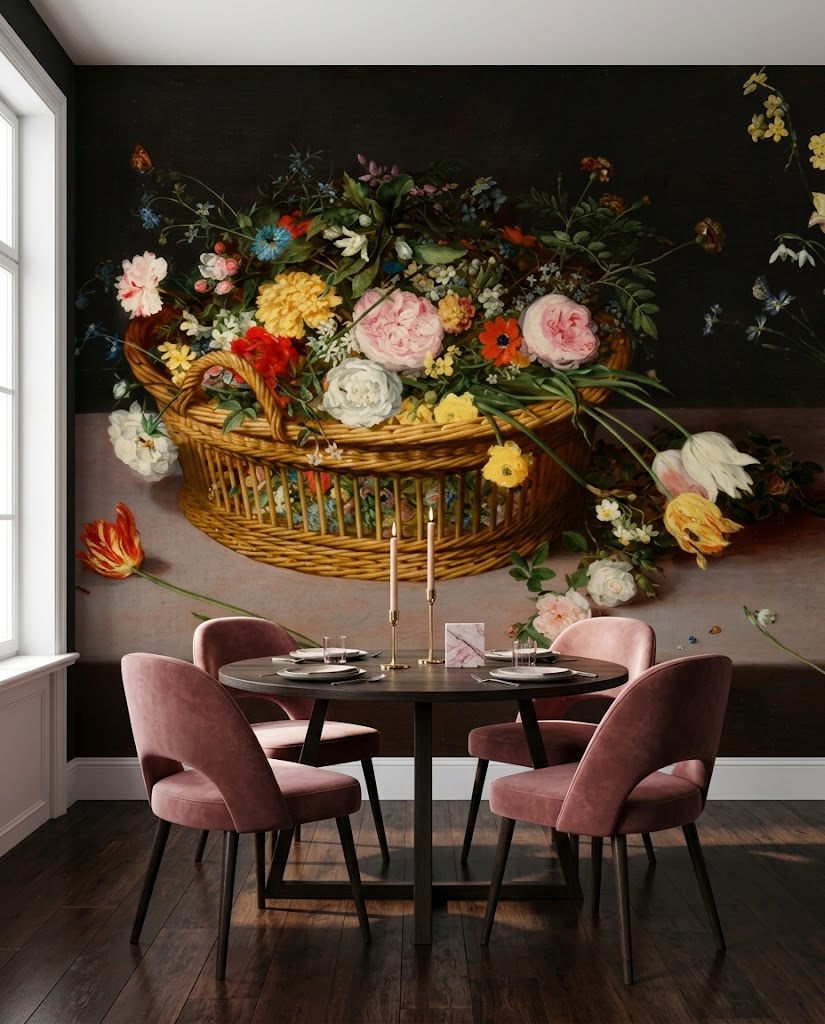 Papier peint panoramique Corbeille Flamande posé dans une salle à manger, d'après Flowers in a Basket and a Vase de Jan Brueghel l'Ancien