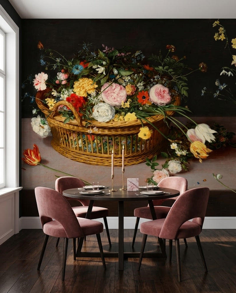 Papier peint panoramique Corbeille Flamande posé dans une salle à manger, d'après Flowers in a Basket and a Vase de Jan Brueghel l'Ancien