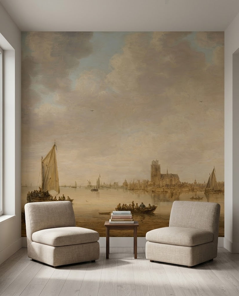 Papier peint panoramique Dordrecht posé dans un salon, d'après View of Dordrecht de Jan van Goyen