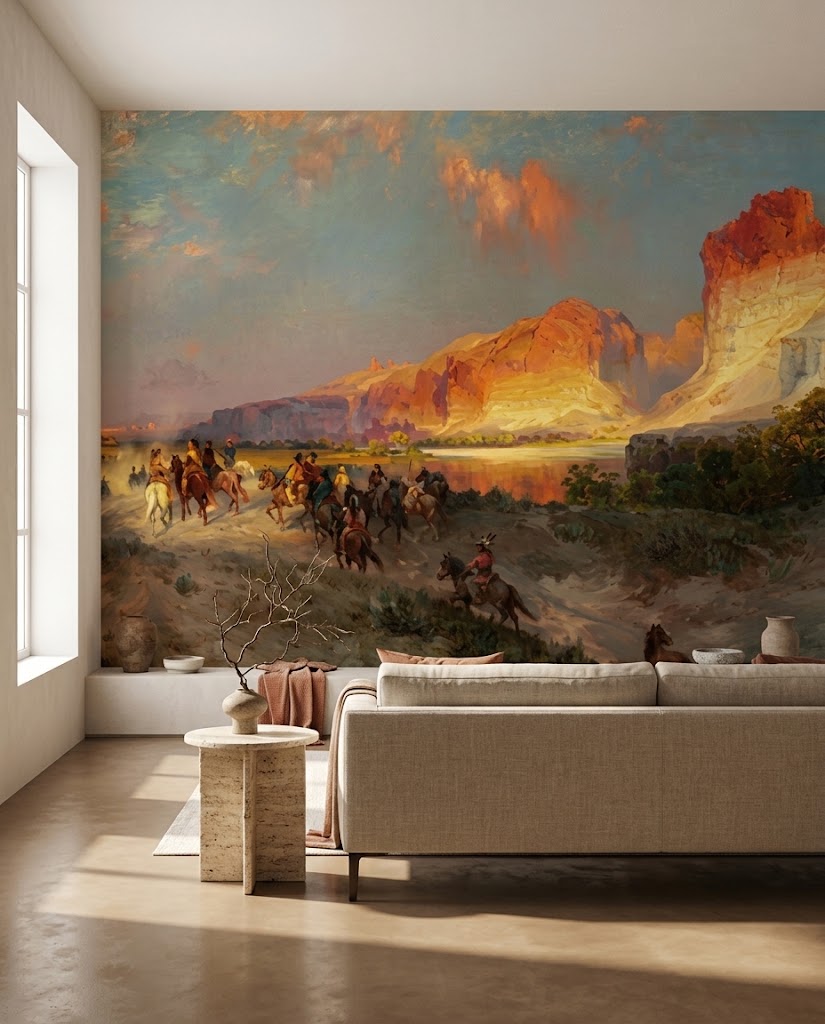 Papier peint panoramique Falaises d'Abricot posé dans un salon, d'après Green River Cliffs de Thomas Moran