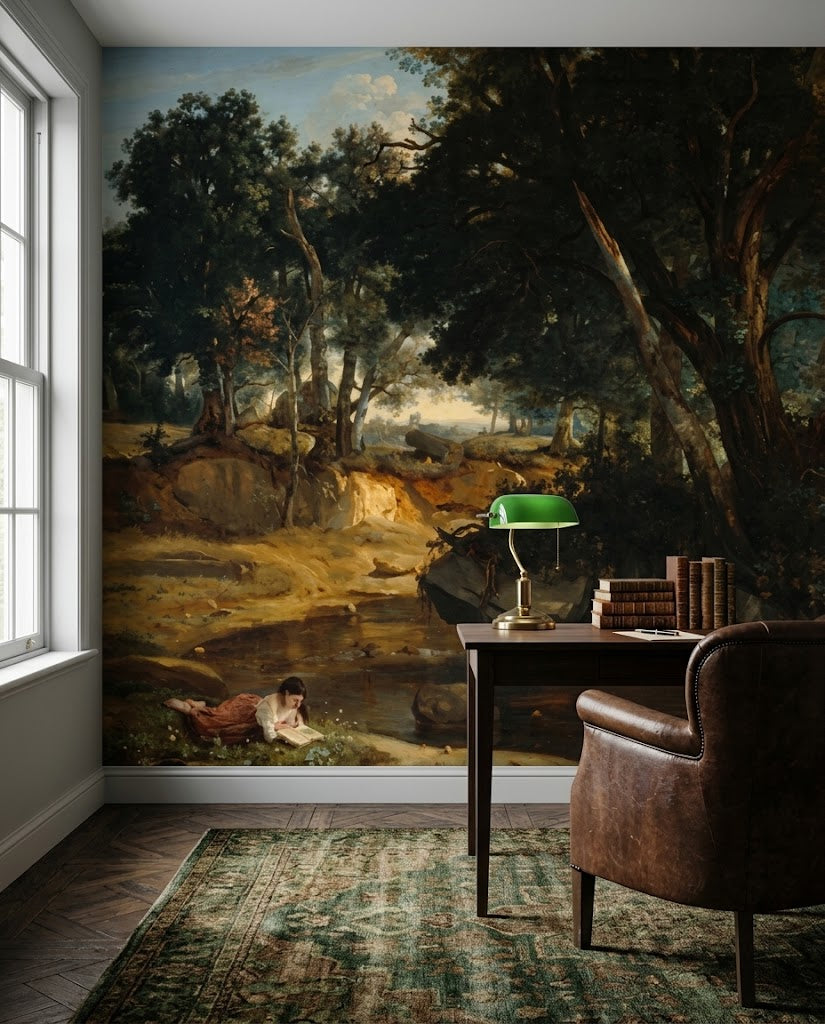 Papier peint panoramique Fontainebleau posé dans un bureau, d'après Forest of Fontainebleau de Camille Corot