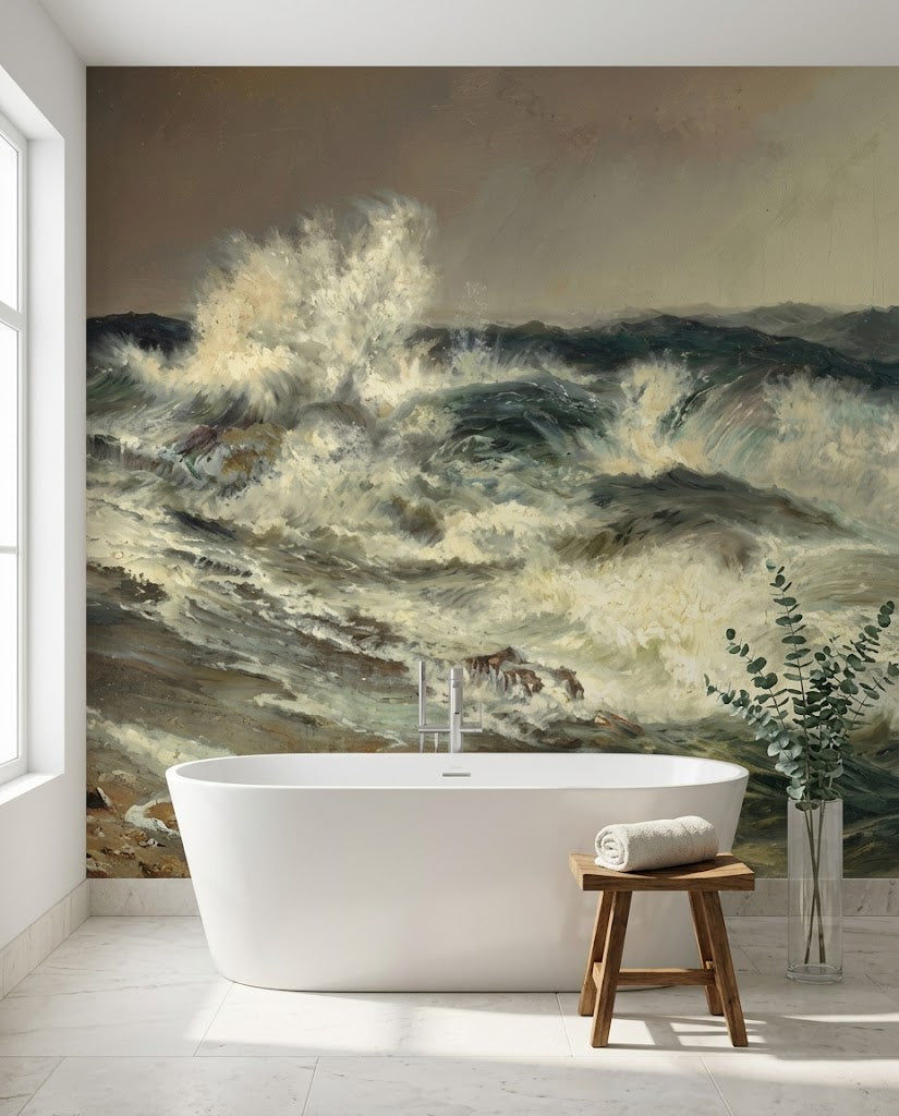 Papier peint panoramique Grand Ressac posé dans une salle de bain, d'après The Much Resounding Sea de Thomas Moran