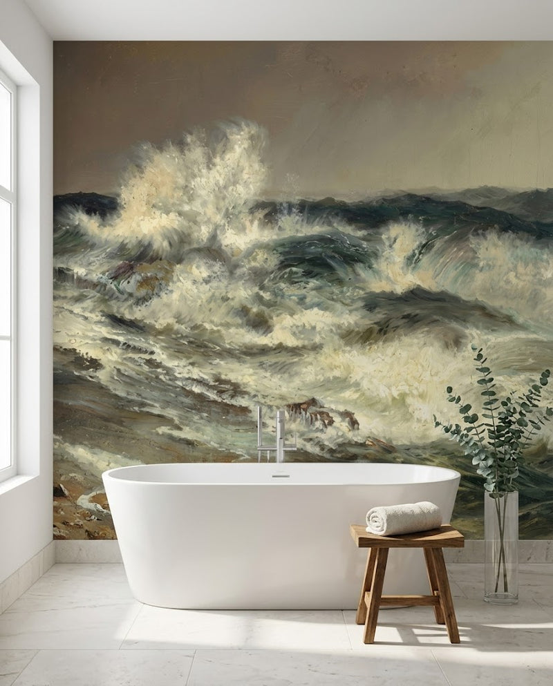 Papier peint panoramique Grand Ressac posé dans une salle de bain, d'après The Much Resounding Sea de Thomas Moran