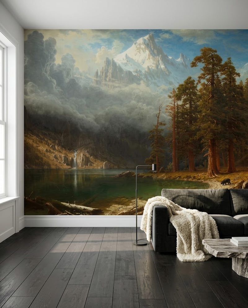 Papier peint panoramique Lac Miroir posé dans un salon, d'après Mount Corcoran d'Albert Bierstadt
