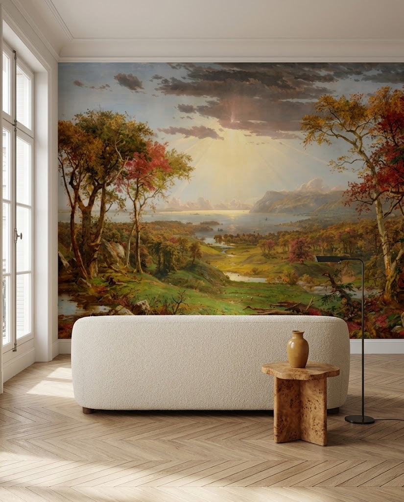 Papier peint panoramique Octobre Doré posé dans un salon, d'après Autumn on the Hudson River de Jasper Francis Cropsey