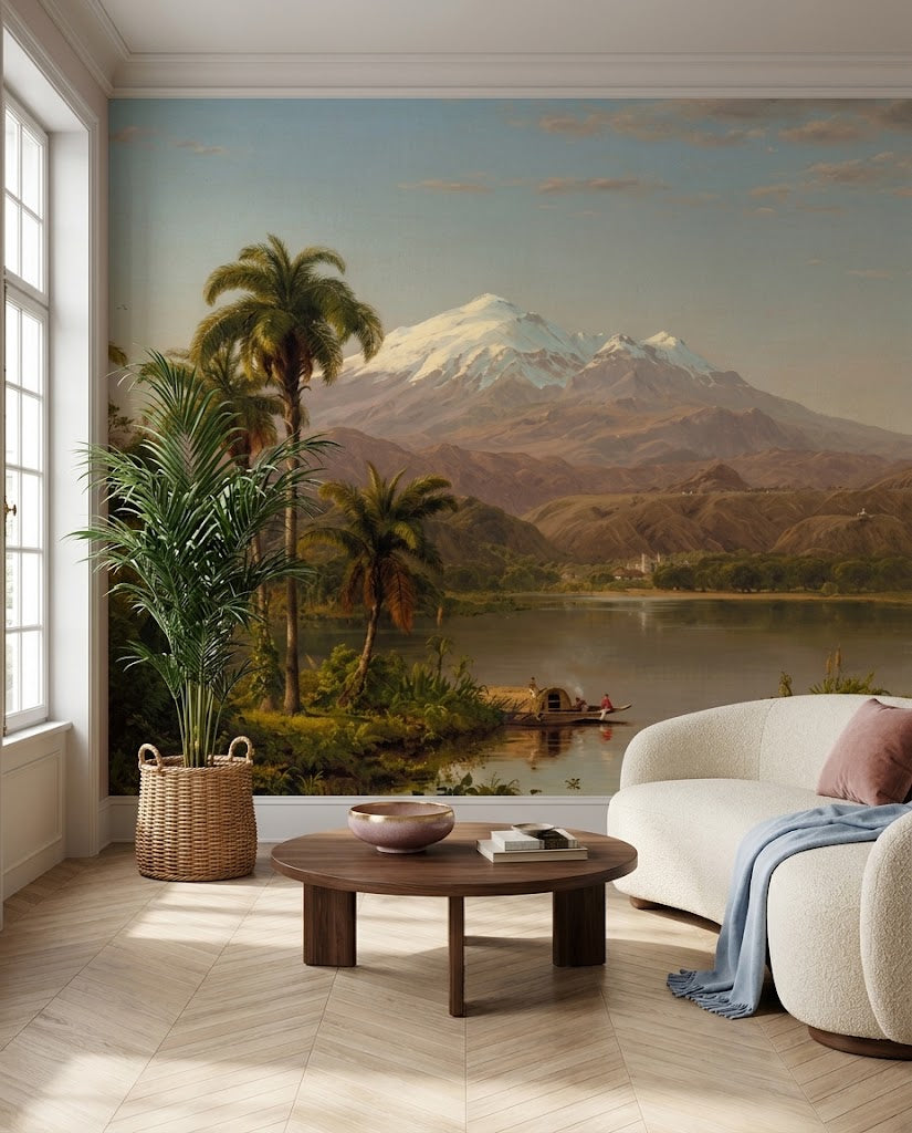 Papier peint panoramique Palmes Tamaca posé dans un salon, d'après Tamaca Palms de Frederic Edwin Church