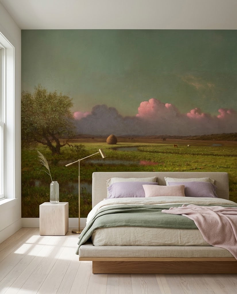 Papier peint panoramique Prairie d'Eau posé dans une chambre, d'après The Newbury Marshes de Martin Johnson Heade