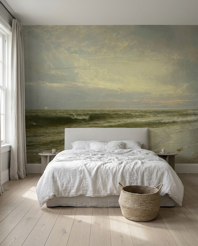 Papier peint panoramique Rivage d'Argent posé dans une chambre, d'après On the Coast of New Jersey de William Trost Richards