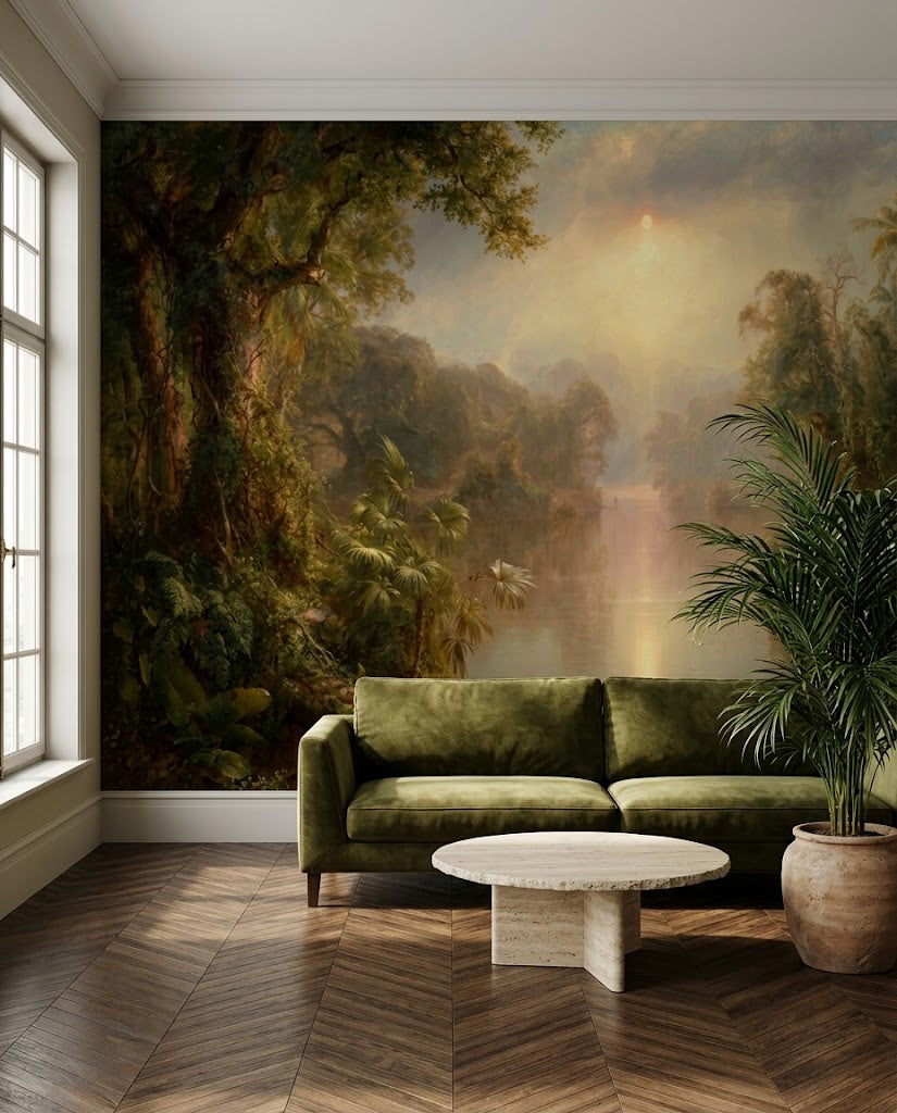 Papier peint panoramique Rivière de Lumière posé dans un salon, d'après El Rio de Luz de Frederic Edwin Church