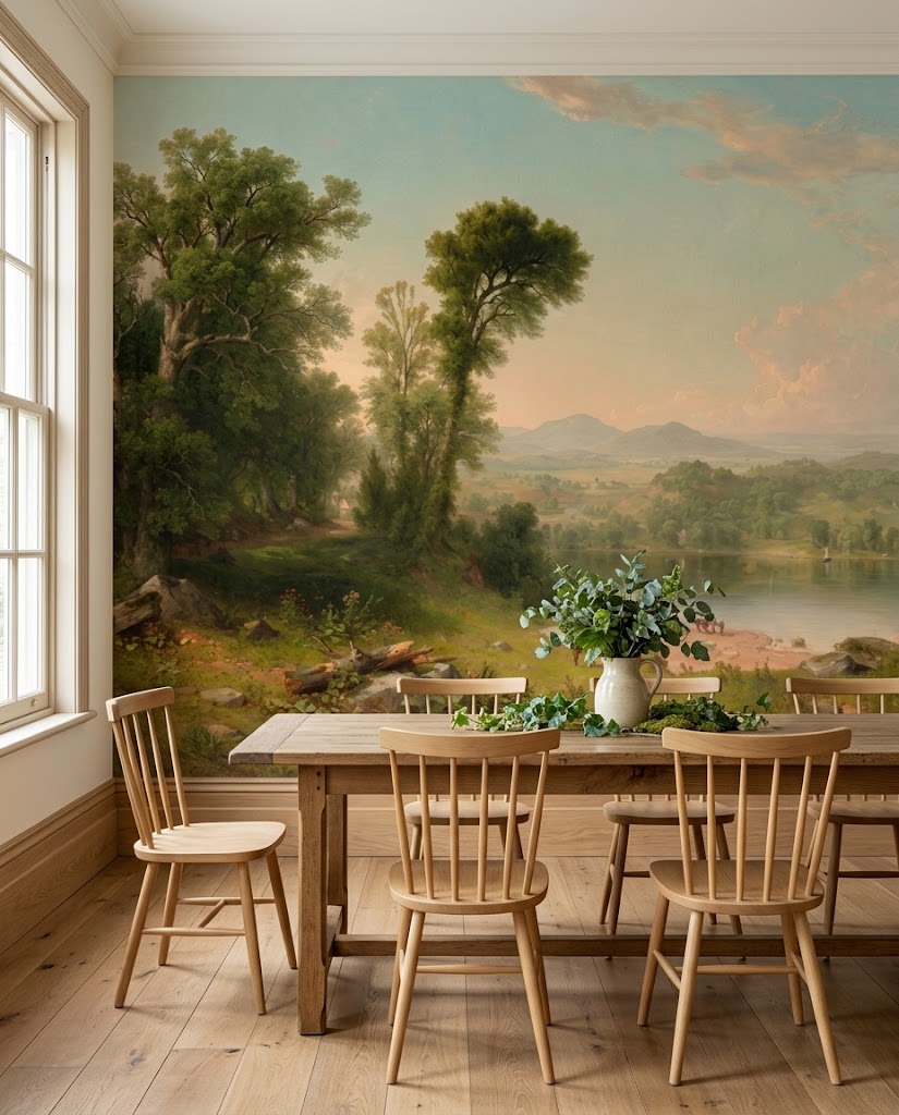 Papier peint panoramique Vallée Blonde posé dans une salle à manger, d'après Pastoral Landscape d'Asher Brown Durand